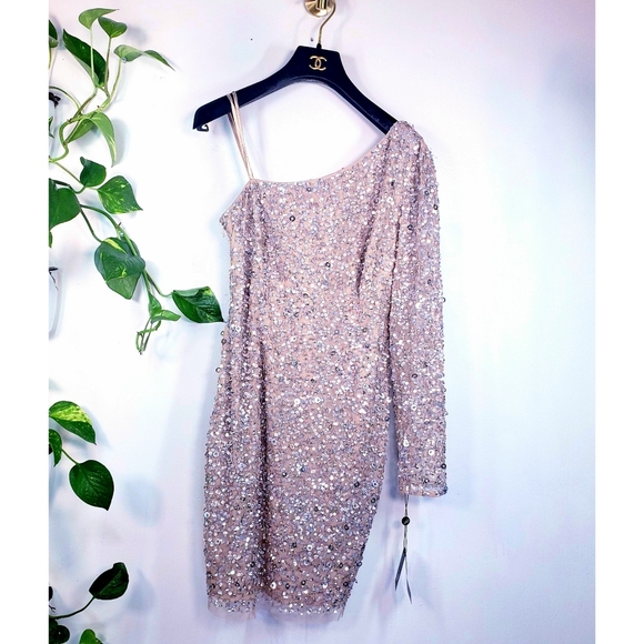 NWT ADRIANNA PAPELL Nude Sequin Sheath Dress 6 S - Picture 3 of 12